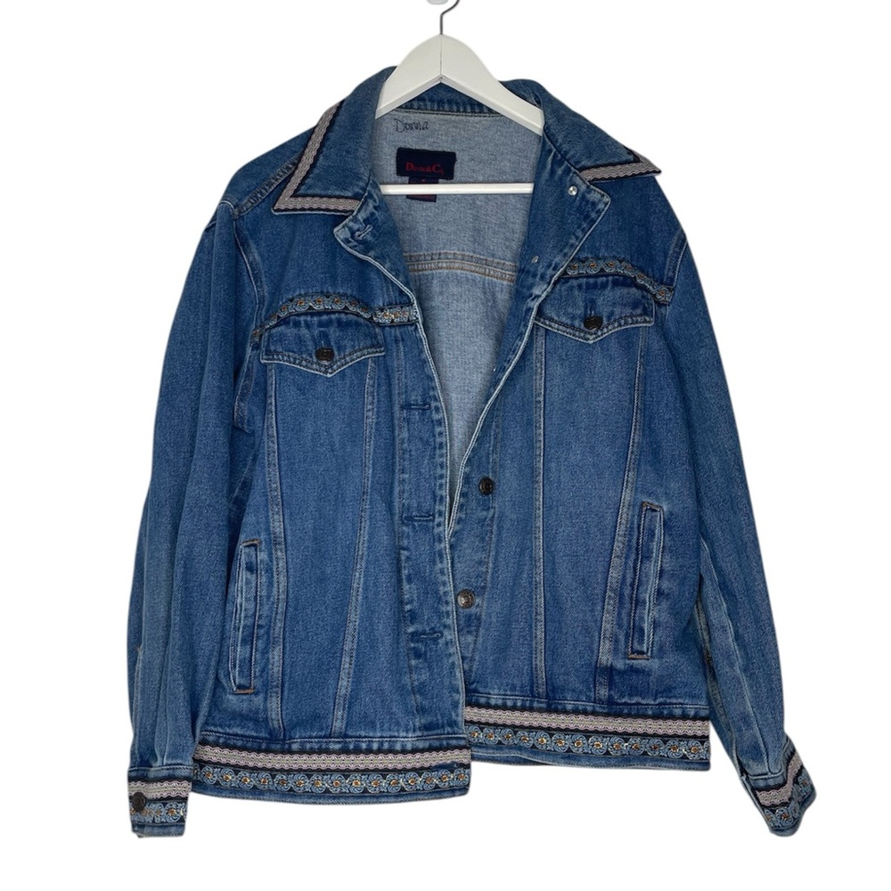 Denim&Co vintage embroidered ribbon hippie blue denim retro jean jacket Medium